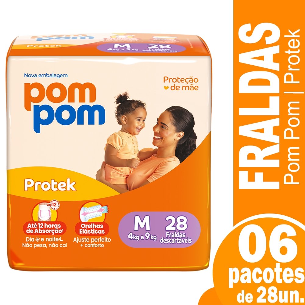 Fralda Descartável Pom Pom Derma Protek Jumbo Tamanho M - 6 Pacotes com 28 Fraldas - Total 168 Tiras
