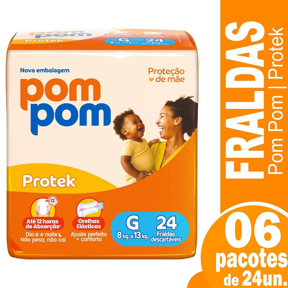 Fralda Descartável Pom Pom Derma Protek Jumbo Tamanho G - 6 Pacotes com 24 Fraldas - Total 144 Tiras