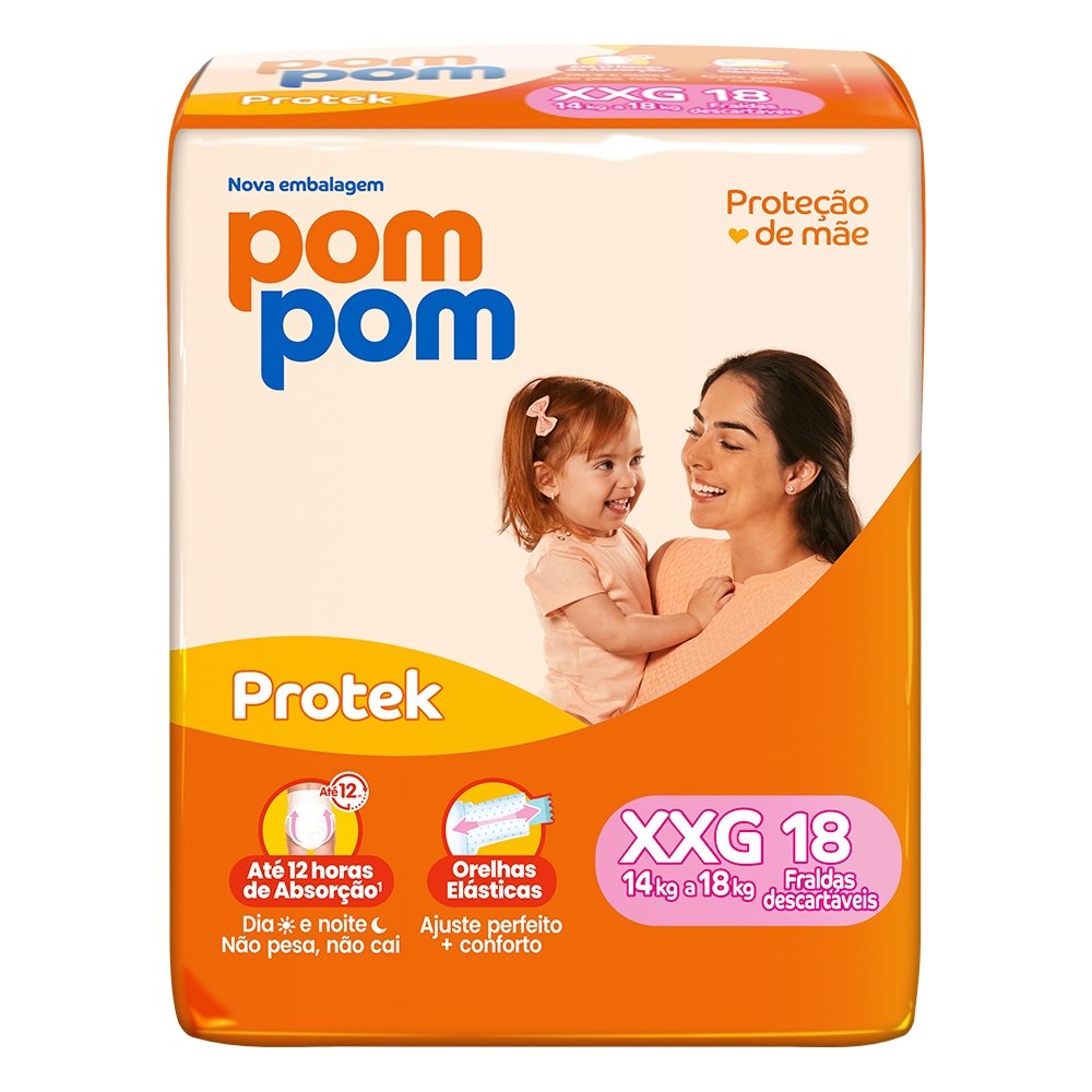 Fralda Descartável Pom Pom Derma Protek Jumbo Tamanho XXG - 6 Pacotes com 18 Fraldas - Total 108 Tiras