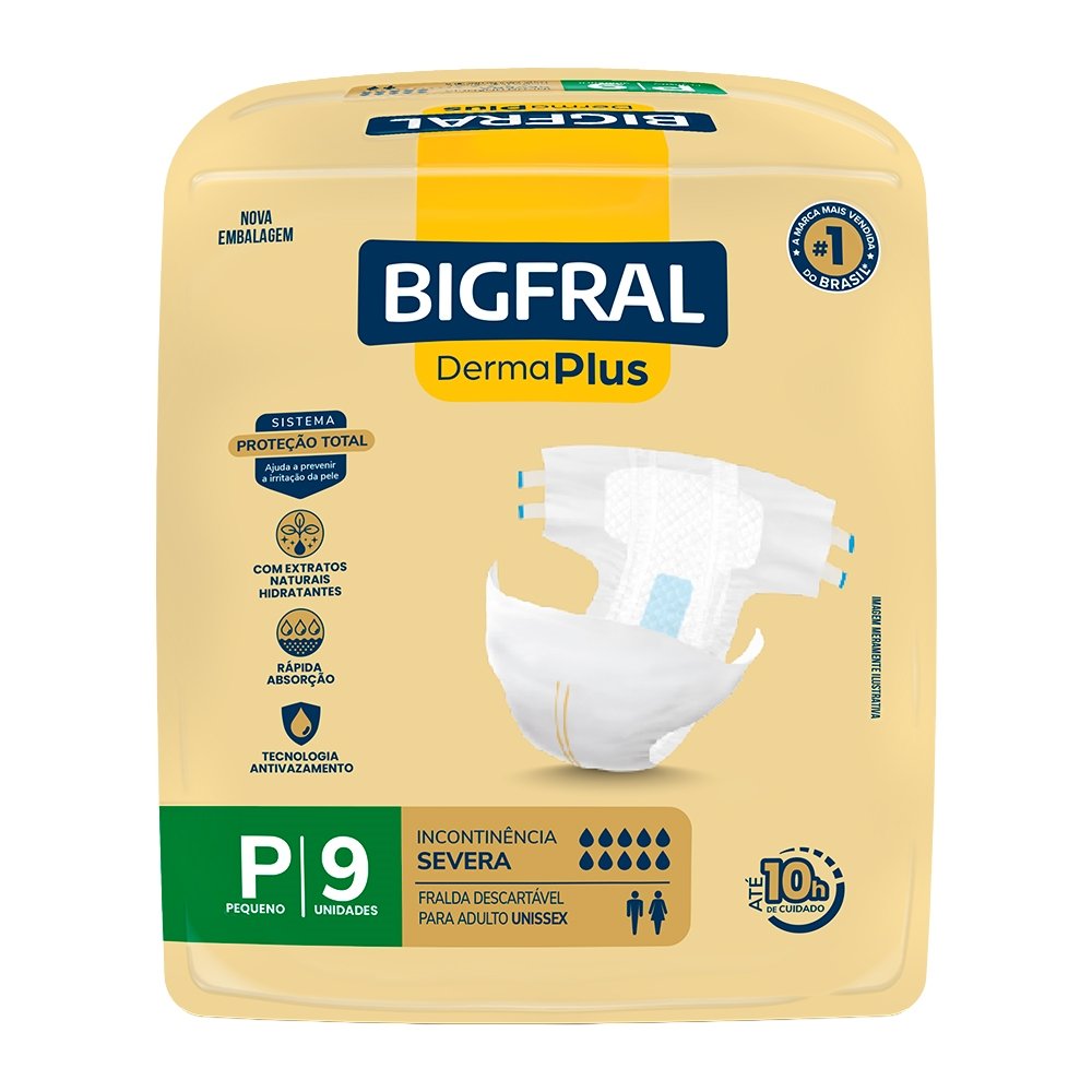 Fralda Geriátrica Bigfral Derma Plus Tamanho P - 8 Pacotes com 9 Fraldas - Total 72 Tiras