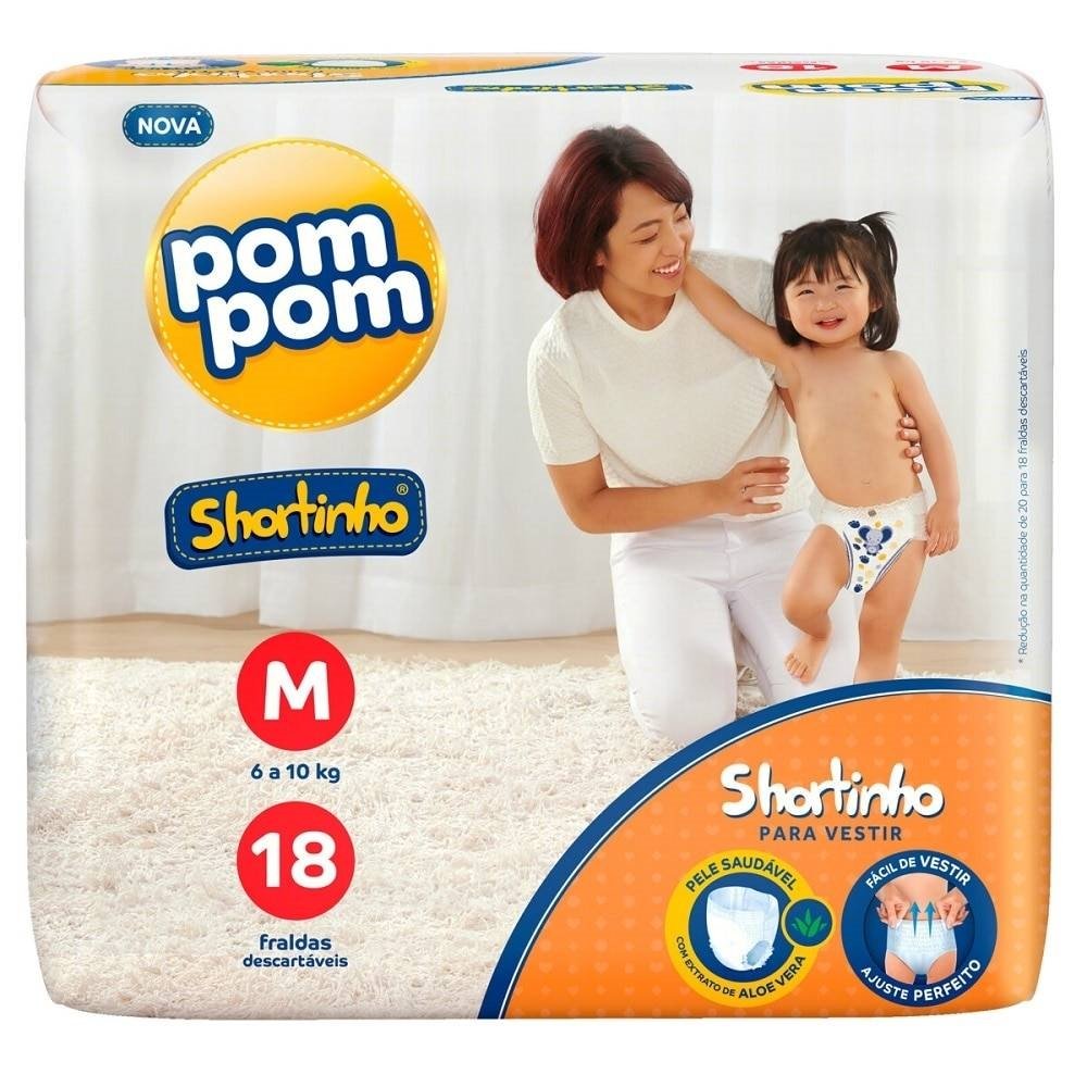 Fralda Descartável Pom Pom Shortinho Jumbinho Tamanho M - 8 Pacotes com 18 Fraldas - Total 144 Tiras