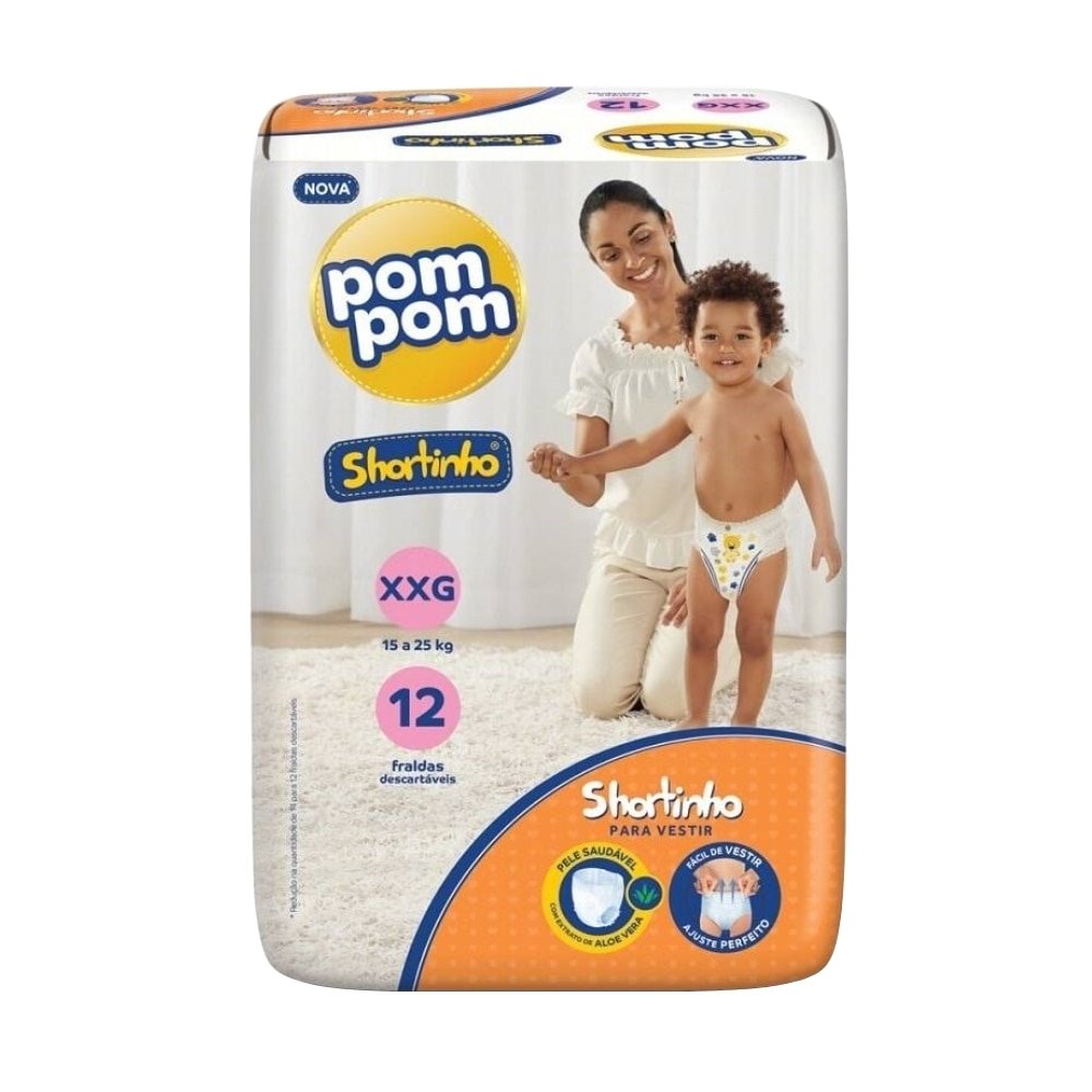 Fralda Descartável Pom Pom Shortinho Jumbinho Tamanho XXG - 8 Pacotes com 12 Fraldas - Total 96 Tiras