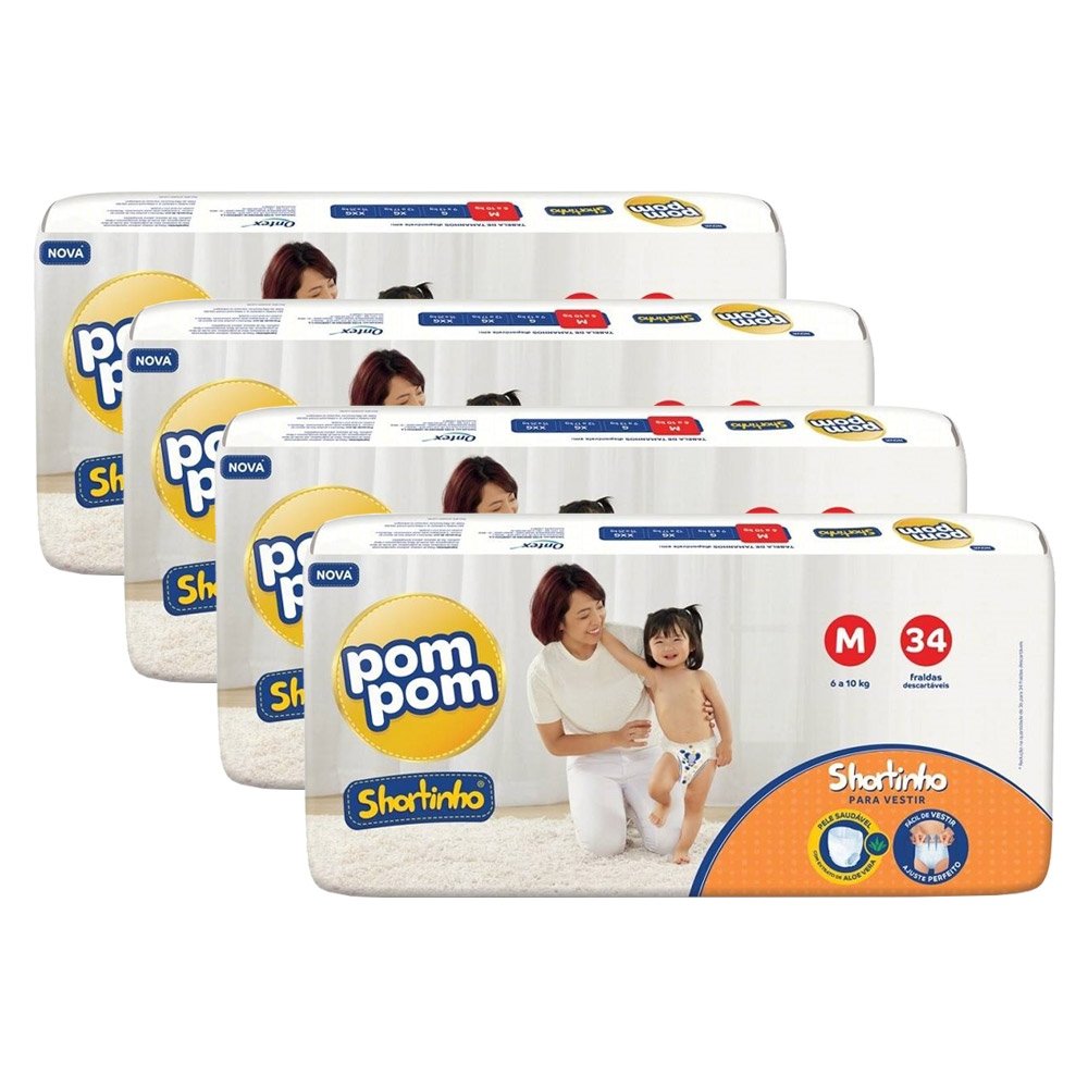 Fralda Descartável Pom Pom Shortinho Jumbo Tamanho M - 4 Pacotes com 34 Fraldas - Total 136 Tiras