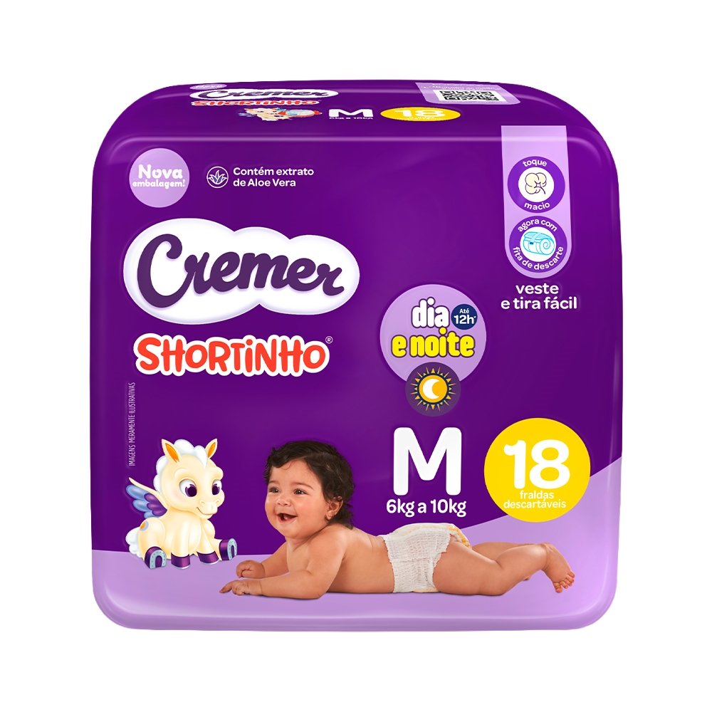 Fralda Descartável Cremer Shortinho Jumbinho Tamanho M - 8 Pacotes com 18 Fraldas - Total 144 Tiras