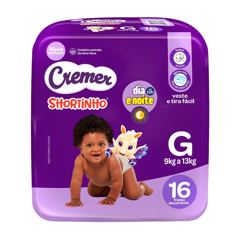 Fralda Descartável Cremer Shortinho Jumbinho Tamanho G - 8 Pacotes com 16 Fraldas - Total 128 Tiras