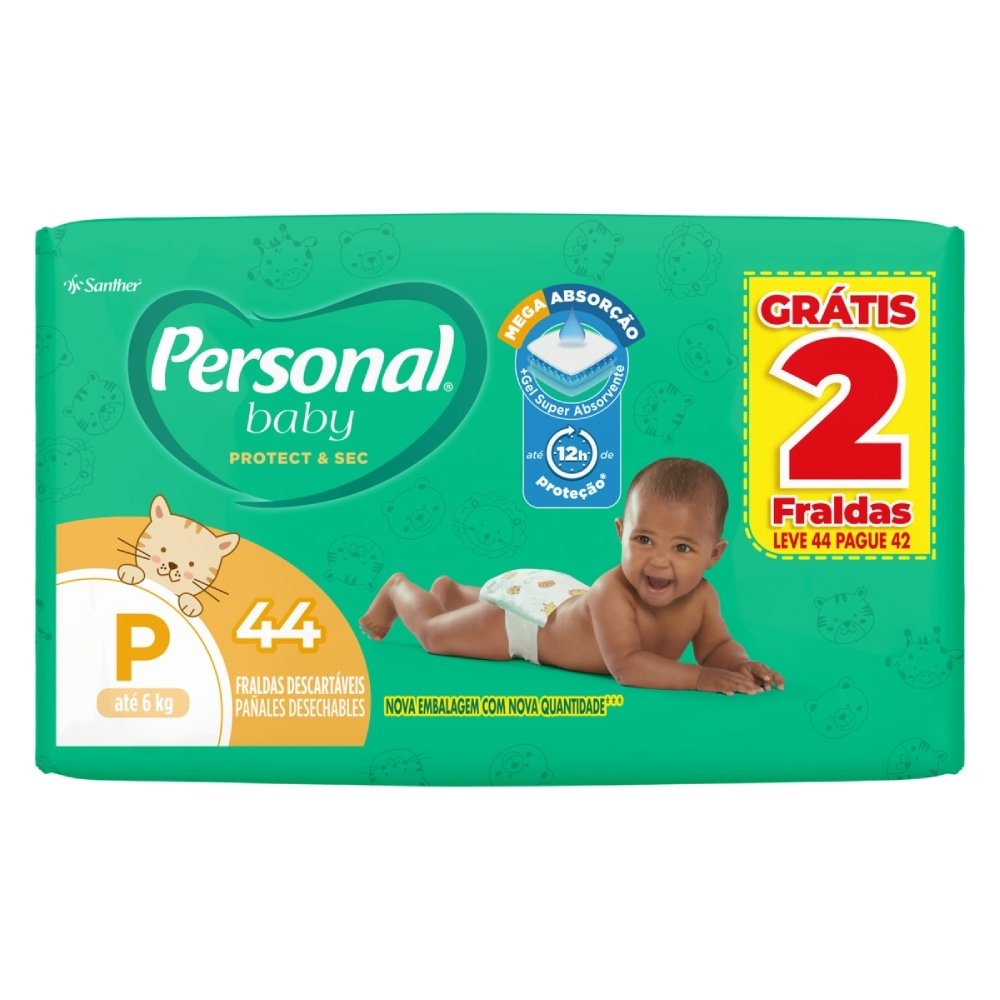Fralda Descartável Personal Soft & Protect Mega Tamanho P - 9 Pacotes com 44 Fraldas - Total 396 Tiras