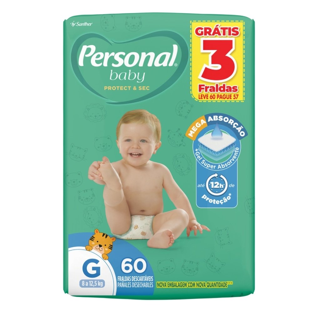 Fralda Descartável Personal Hiper Soft & Protect Tamanho G - 4 Pacotes com 60 Fraldas - Total 240 Tiras