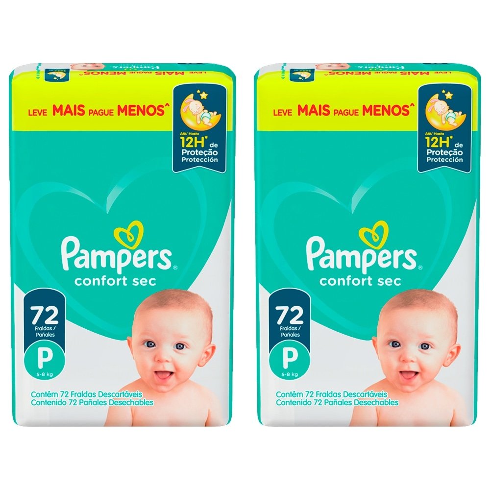 Fralda Descartável Pampers Confort Sec Tamanho P - 2 Pacotes com 72 Fraldas - Total 144 Tiras