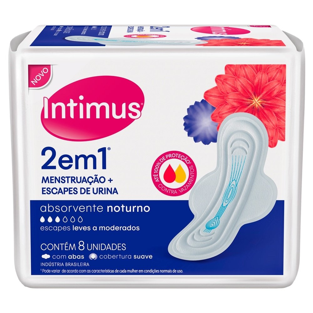 Absorvente Intimus Noturno 2 em 1 Suave com Abas, Embalagem com 8 Unidades