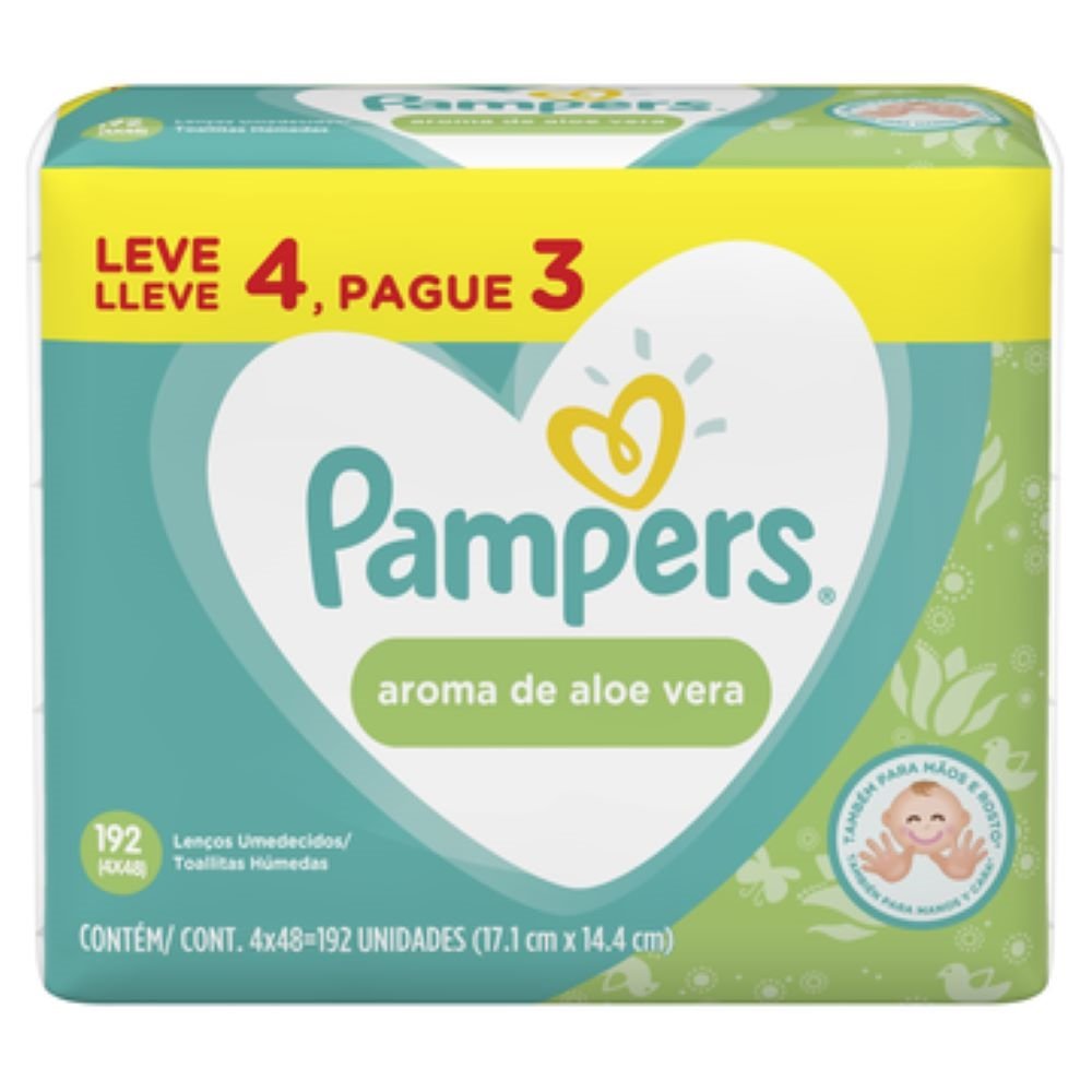 Lenços Umedecidos Pampers Aloe Vera - 4 Pacotes com 48 Lenços - Total 192 Lenços