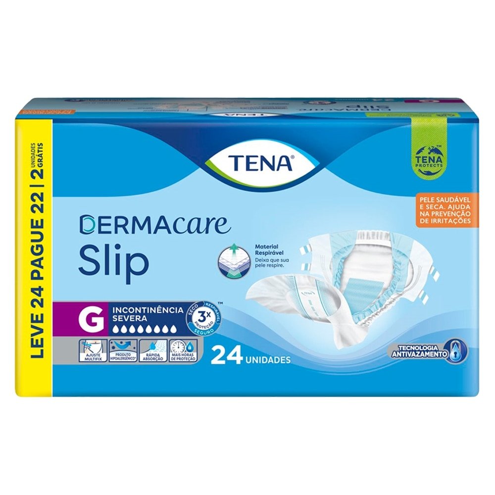 Fralda Descartável Adulto Tena - Slip Dermacare Tamanho G - 3 Pacotes com 24 Tiras