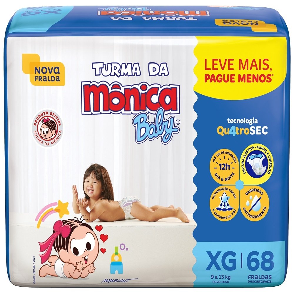 Fralda Descartável Turma da Mônica Tamanho XG - 4 Pacotes com 68 Fraldas - Total 272 Tiras