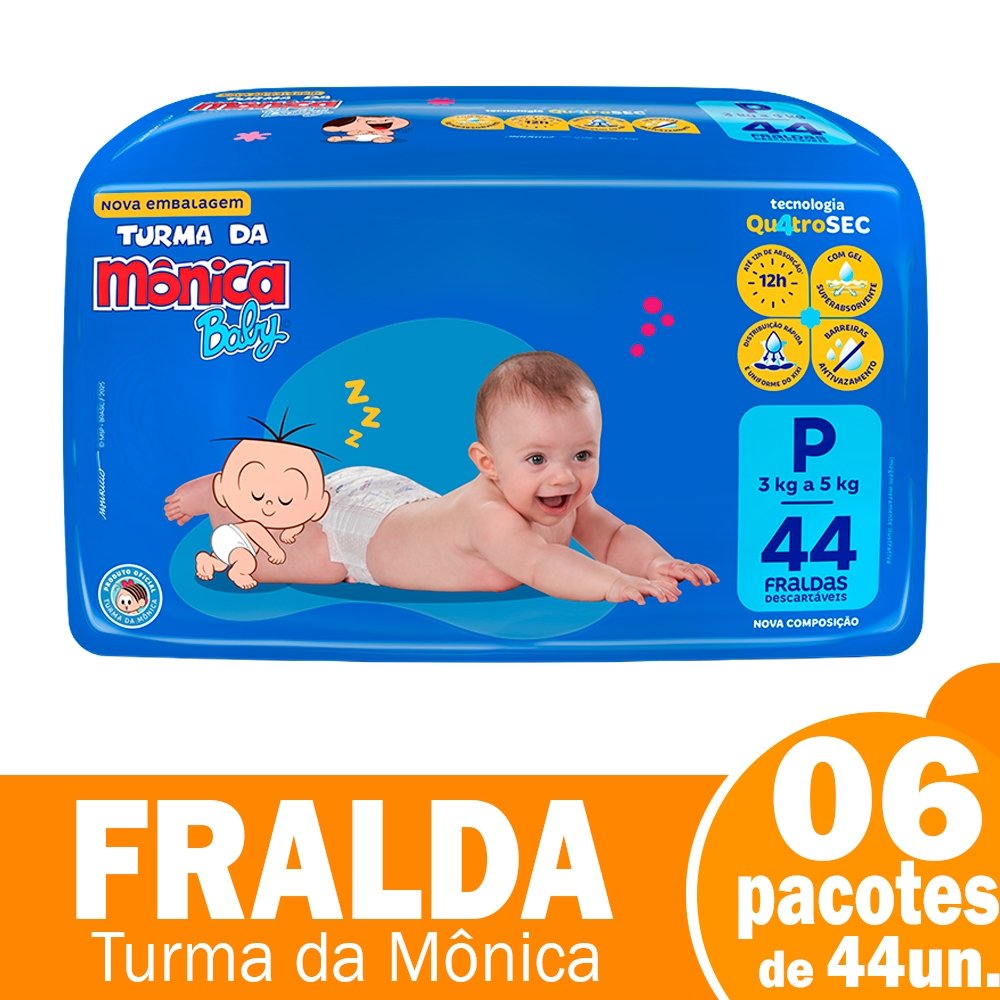 Fralda Descartável Turma da Mônica Tamanho P - 6 Pacotes com 44 Fraldas - Total 264 Tiras