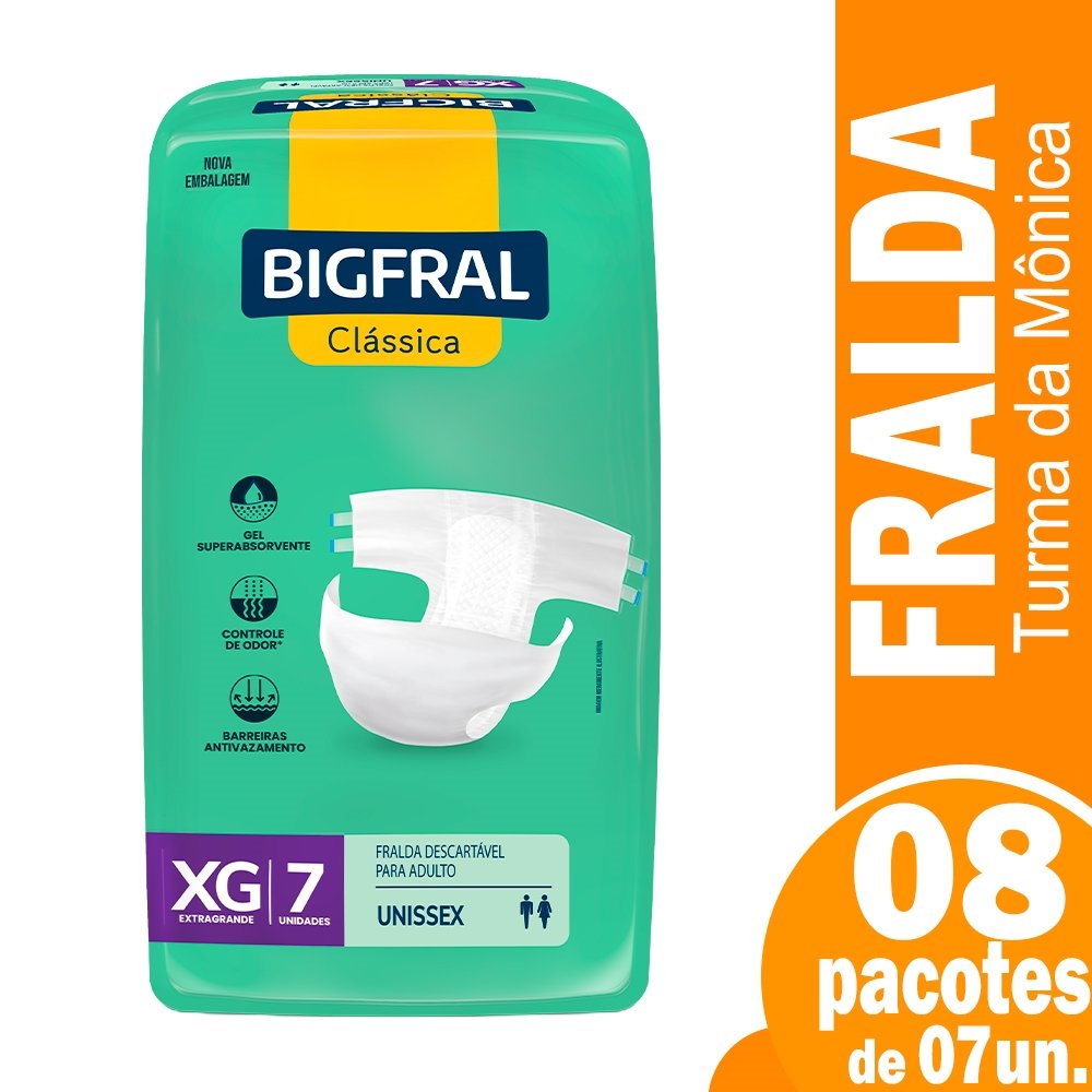Fralda Descartável Adulto Bigfral Clássica Extra Grande 8 Pacotes c/ 7 Fraldas
