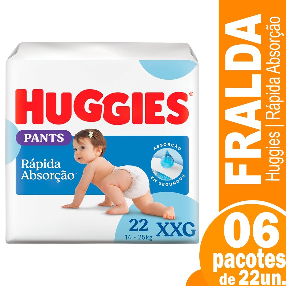 Fralda Descartável Huggies Tripla Proteção - Roupinha Tamanho XXG, 6 Pacotes com 22 Fraldas - Total 132 Tiras