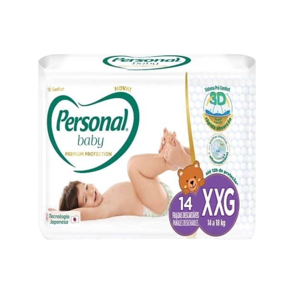 Fralda Descartável Personal Premium Jumbo Tamanho XXG - 12 Pacotes com 14 Fraldas - Total De 168 Tiras