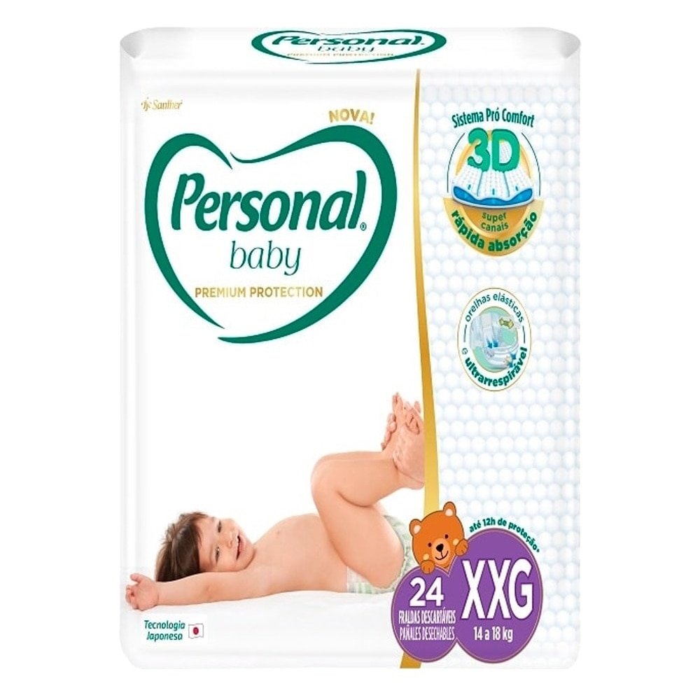 Fralda Descartável Personal Premium Mega Tamanho XXG - 9 Pacotes com 24 Fraldas - Total De 216 Tiras