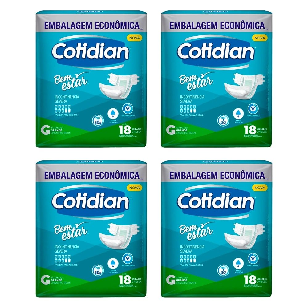 Fralda Geriátrica Cotidian Bem Estar Confort Plus Tamanho G - 4 Pacotes com 18 Unidades Cada