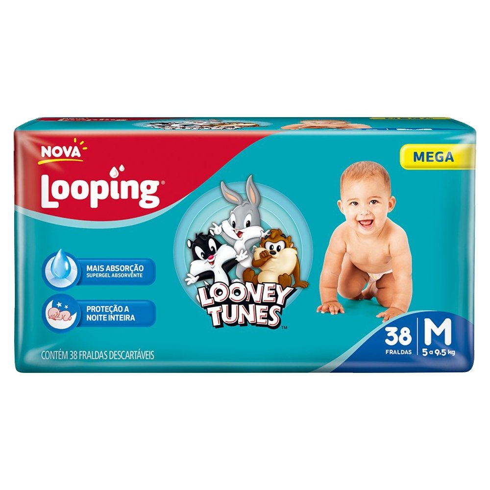 Fralda Descartável Looping Looney Tunes Mega Média - 6 Pacotes com 38 Fraldas - Total 228 Tiras