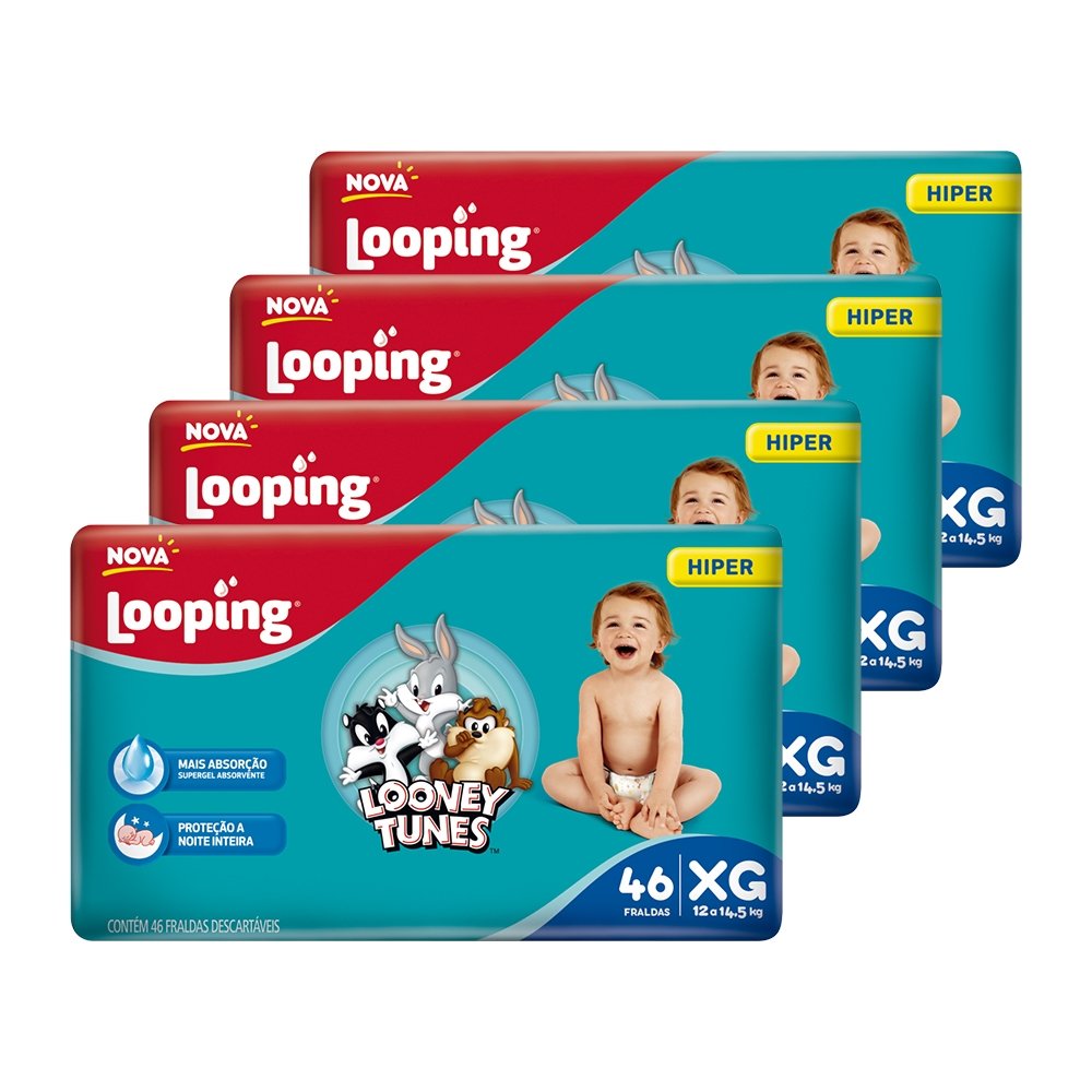 Fralda Descartável Looping Looney Tunes Hiper Extra Grande - 4 Pacotes com 46 Fraldas - Total 184 Tiras