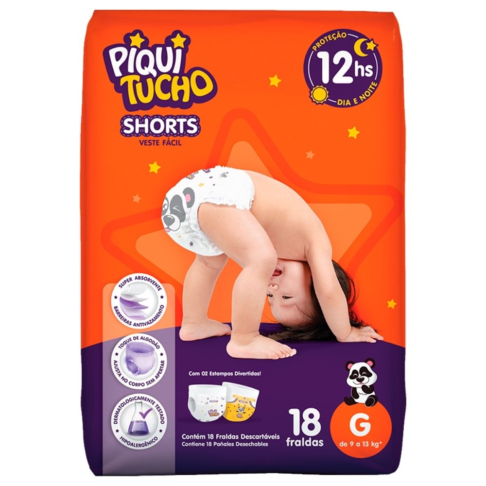 Fralda Descartável Piquitucho Shorts Jumbinho Tamanho G - 8 Pacotes com 18 Tiras - Total de 144 Tiras