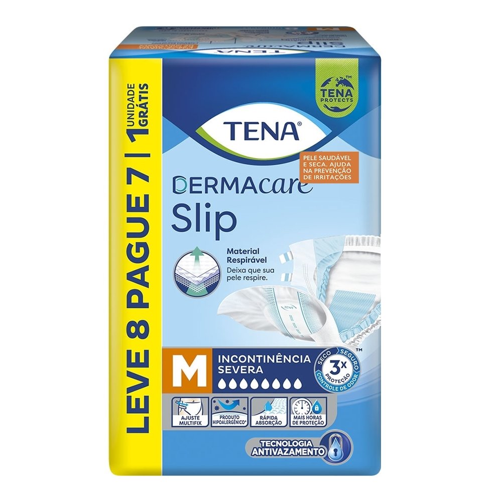 Fralda Descartável Adulto Tena - Slip Dermacare Média Leve 8 Pague 7 - 9 Embalagens com 8 Unidades - Total 72 Tiras