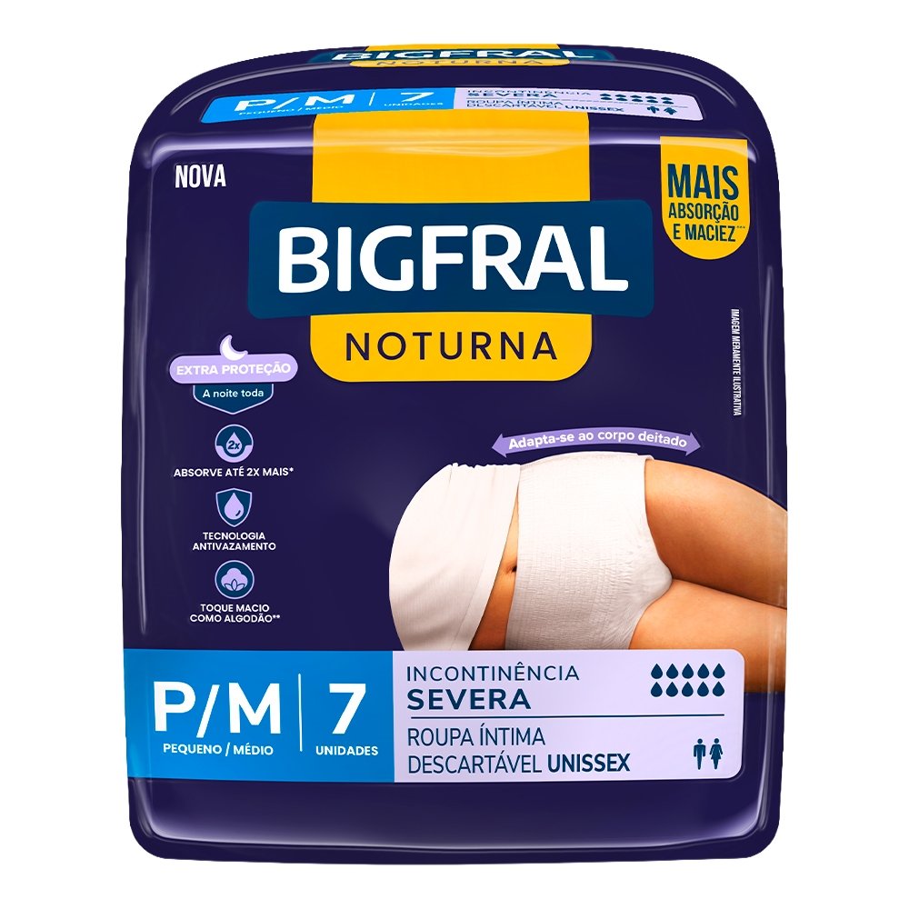 Fralda Descartável Adulto Bigfral Roupa Íntima Noturna Tamanho P/M - 8 Pacotes com 7 Fraldas - Total 56 Tiras