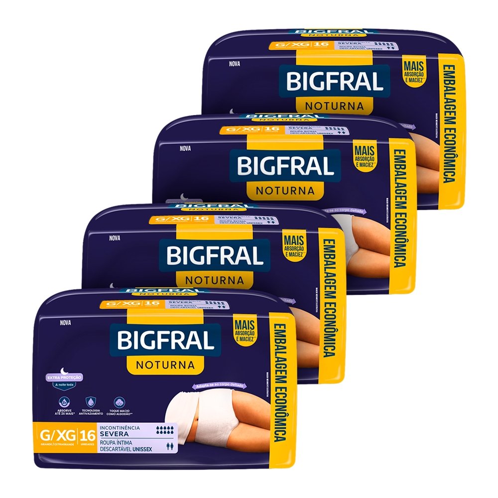 Fralda Descartável Adulto Bigfral Roupa Íntima Noturna Tamanho G/XG - 4 Pacotes com 16 Fraldas - Total 64 Tiras