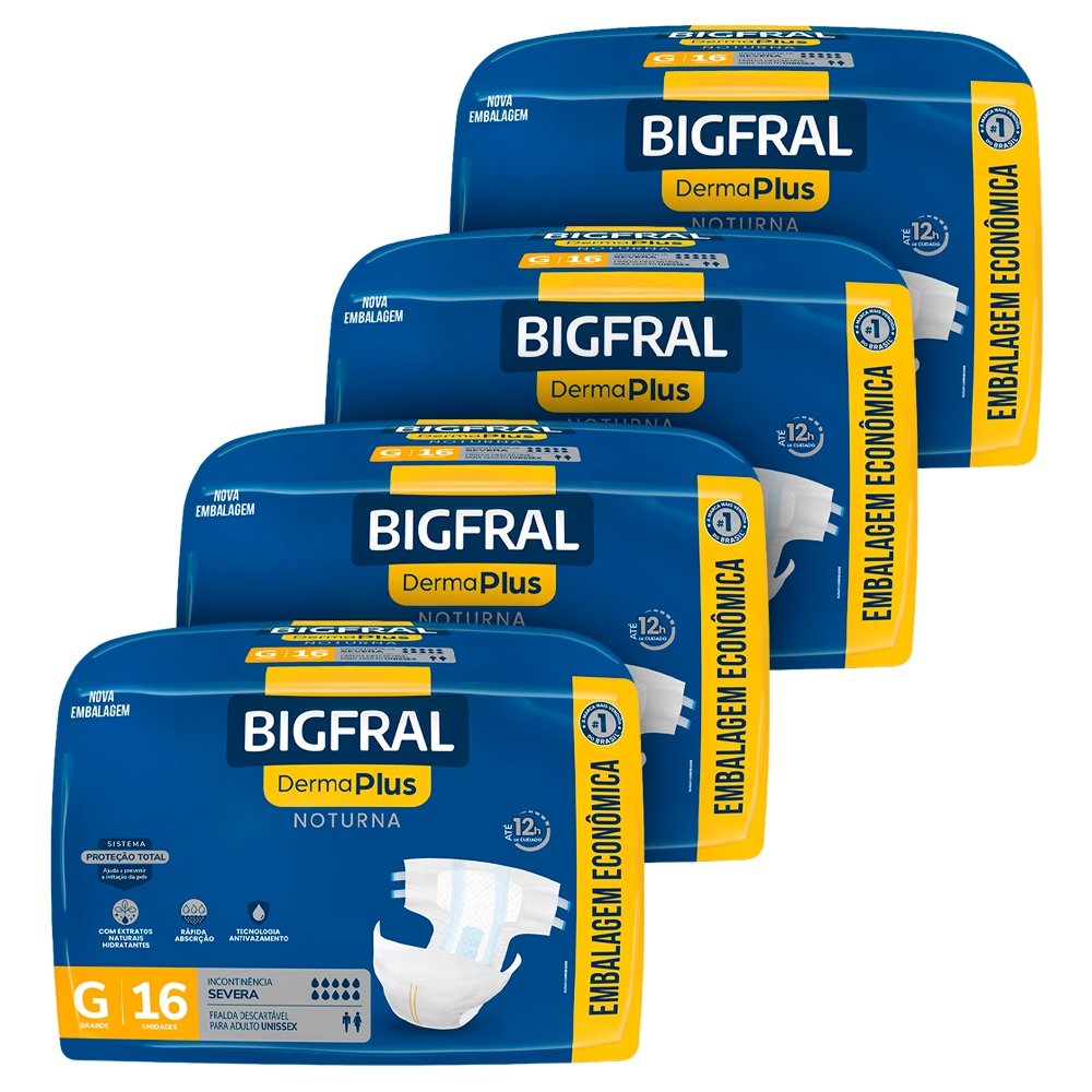 Fralda Descartável Adulto Bigfral Derma Plus Noturna Econômica Tamanho G - 4 Pacotes com 16 Fraldas - Total 64 Tiras