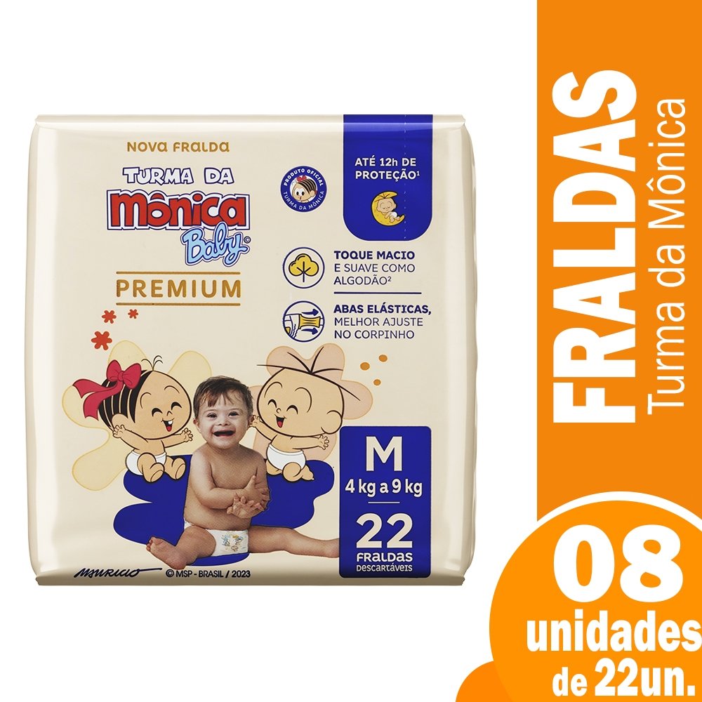 Fralda Dscartável Turma da Mônica Premium Jumbo Média - 8 Pacotes com 22 Unidades