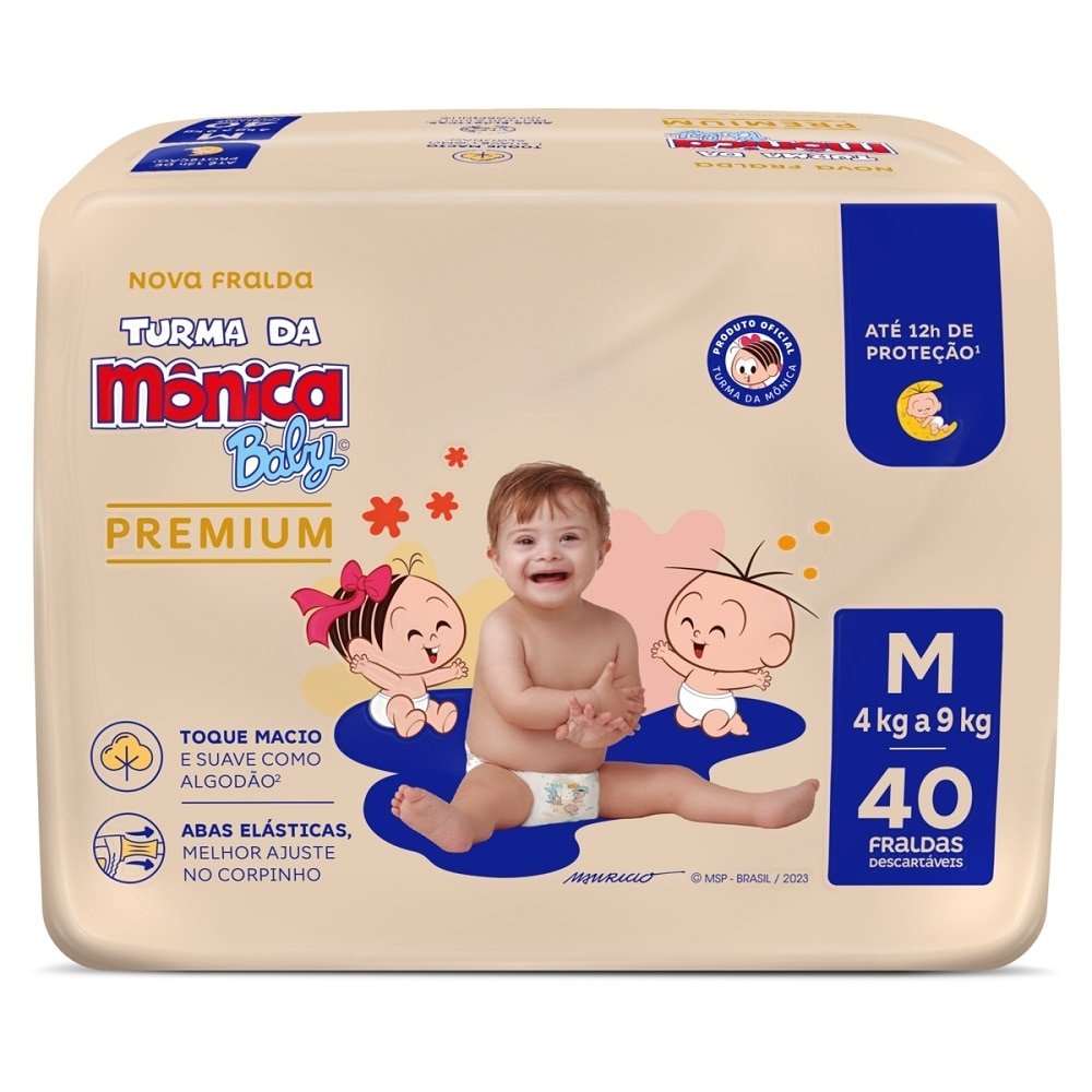 Fralda Descartável Turma da Mônica Premium Econômica Tamanho M ¿ 6 Pacotes com 40 Fraldas- Total 240 Tiras