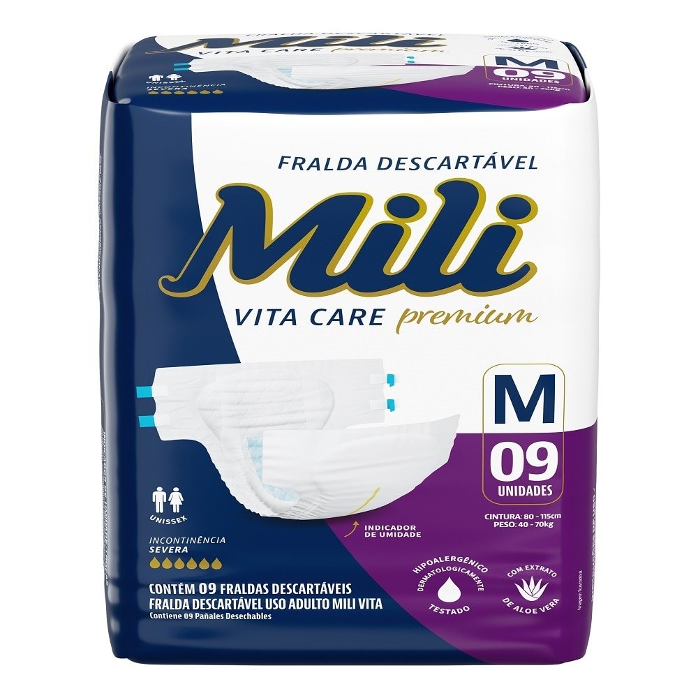 Fralda Descartavel Adulto Mili Vita Care Media - 8 Pacotes com 9 Fraldas