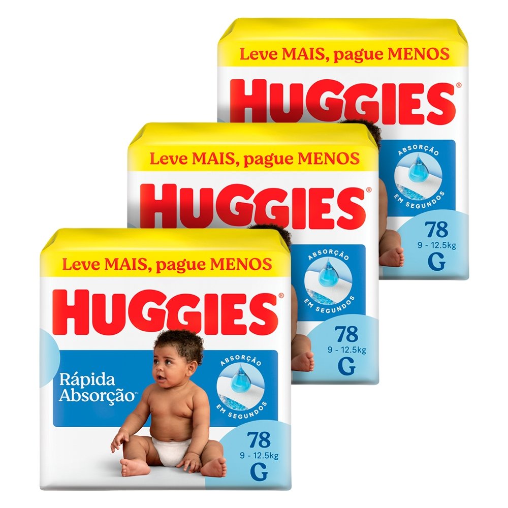 Fralda Descartável Huggies Hiper Tripla Proteção Tamanho G - 3 Pacotes com 78 Fraldas - Total 234 Tiras