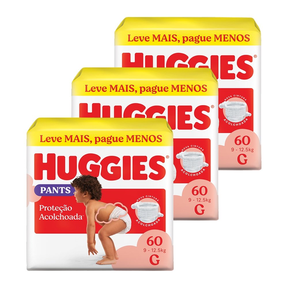 Fralda Descartável Huggies Hiper Roupinha Supreme Care Tamanho G - 3 Pacotes com 60 Fraldas - Total 180 Tiras