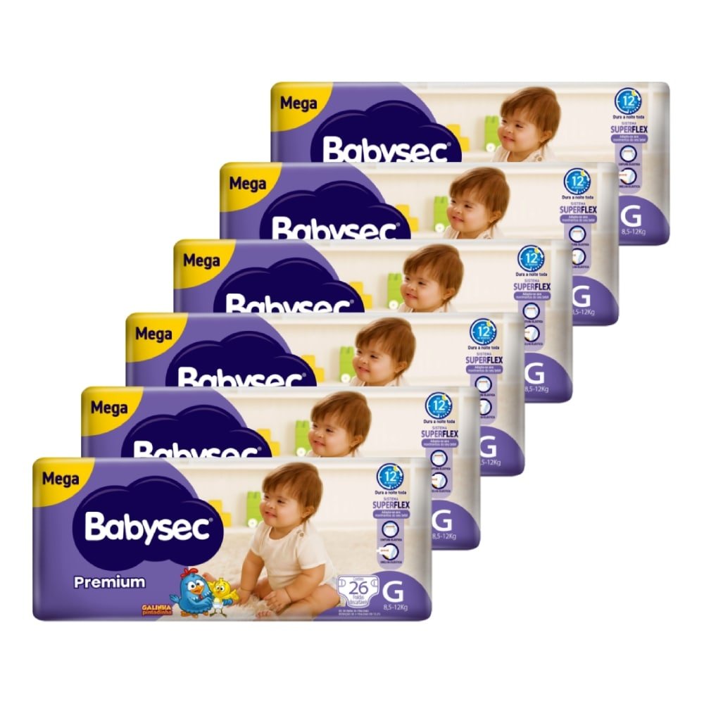 Fralda Descartável Babysec Premium Mega Tamanho G - 6 Pacotes com 26 Tiras - Total 156 Tiras