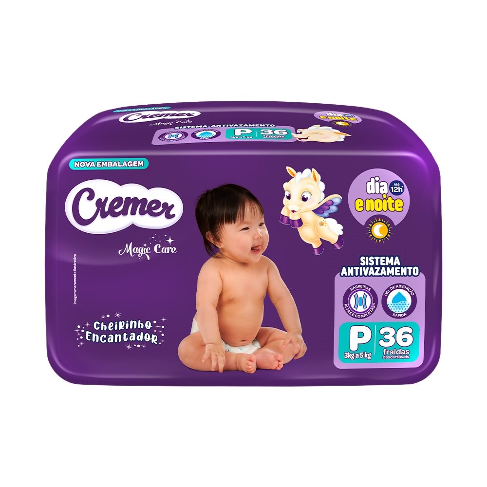 Fralda Descartável Cremer Magic Care Econômica Tamanho P - 8 Pacotes com 36 Fraldas - Total 288 Tiras
