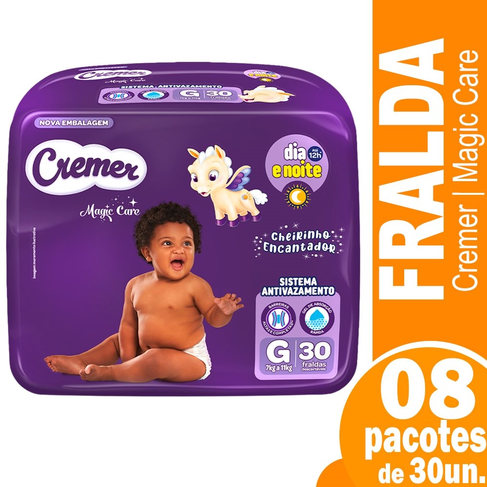 Fralda Descartável Cremer Magic Care Econômica Tamanho G - 8 Pacotes com 30 Fraldas - Total 240 Tiras