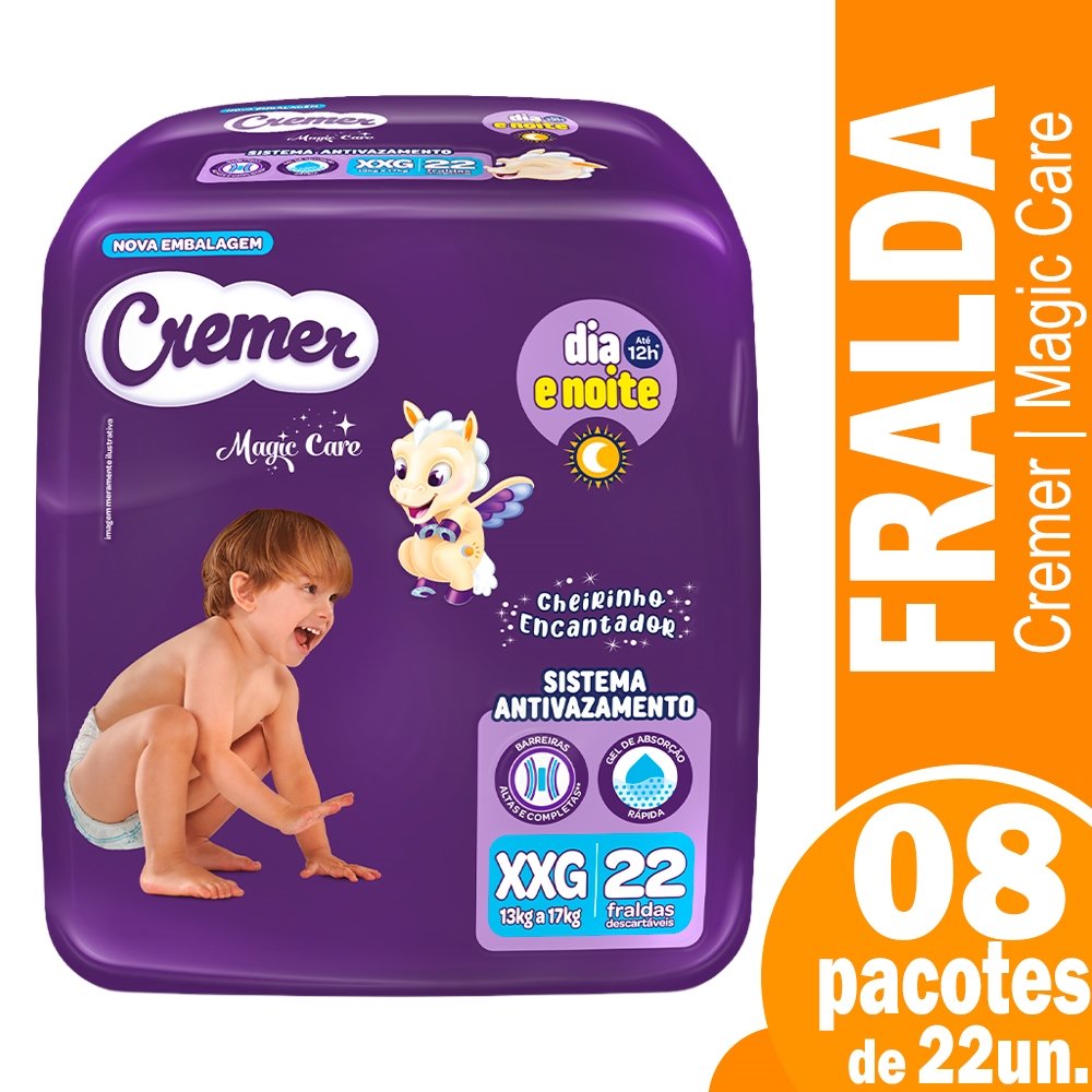 Fralda Descartável Cremer Magic Care Econômica Tamanho XXG - 8 Pacotes com 22 Fraldas - Total 176 Tiras
