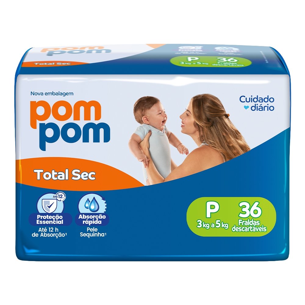 Fralda Descartável PomPom Clássica Econômica Tamanho P - 8 Pacotes com 36 Fraldas - Total 288 Tiras