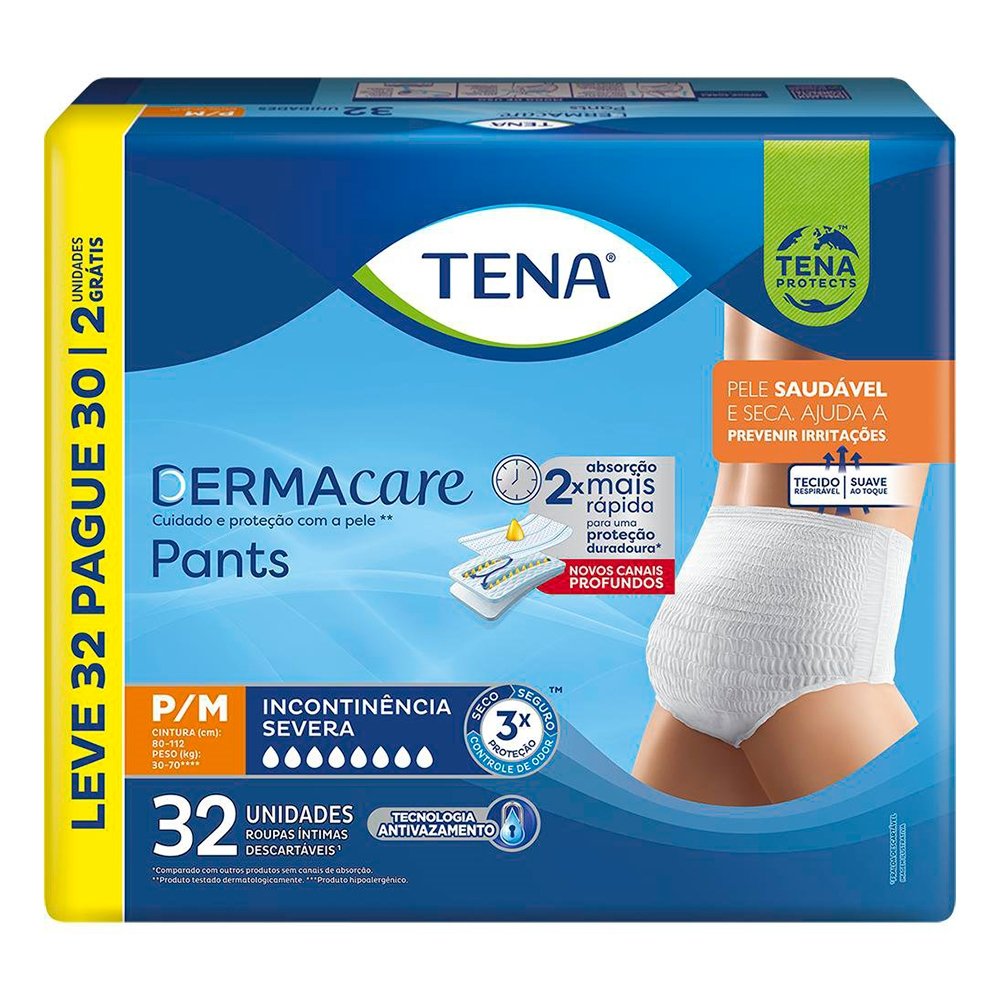 Fralda Descartável Adulto Tena Pants Dermacare Tamanho P/M - 3 Pacotes com 32 Fraldas - Total 96 Tiras (Leve 32 Pague 30)