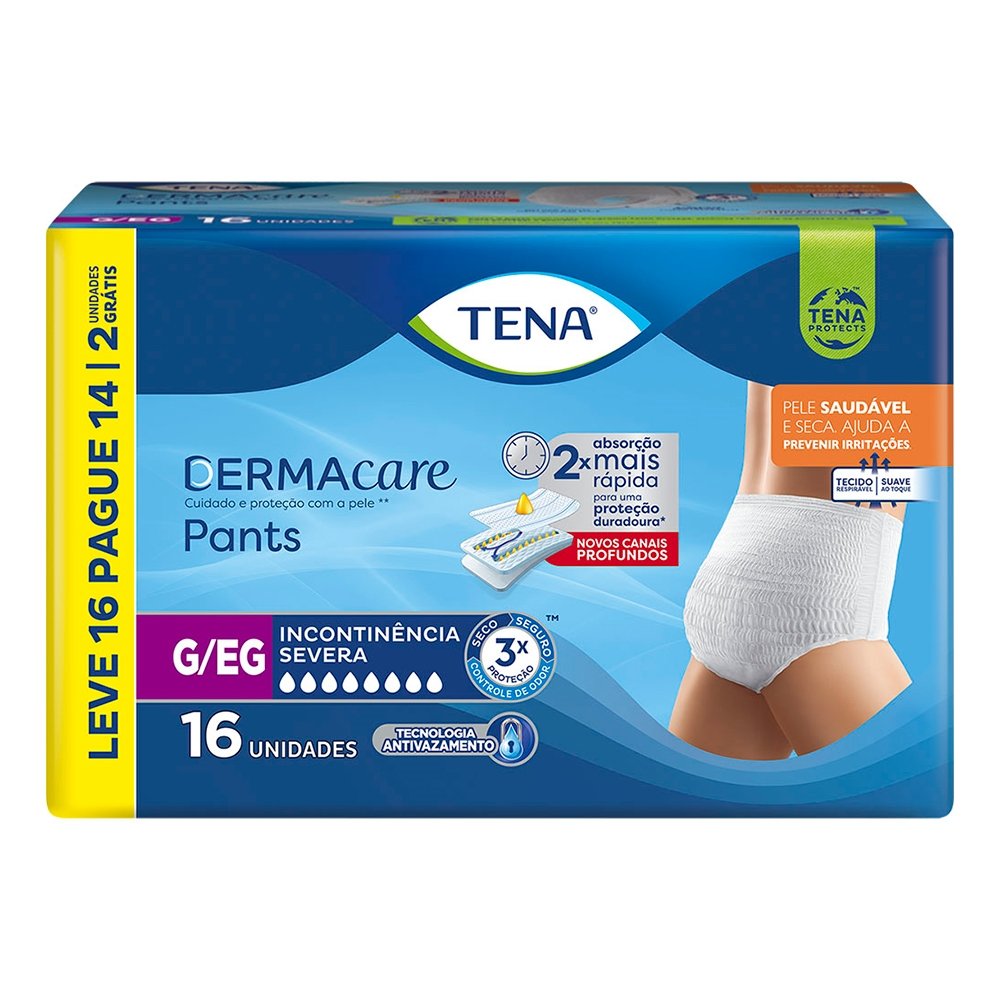 Fralda Descartável Adulto Tena Pants Dermacare Tamanho G/EG - 4 Pacotes com 16 Fraldas - Total 64 Tiras (Leve 16 Pague 14)