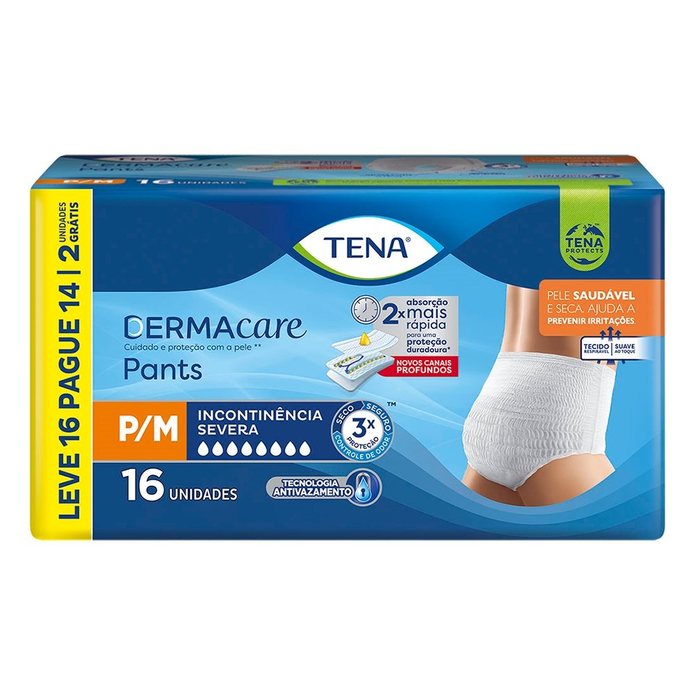 Fralda Descartável Adulto Tena Pants Dermacare Tamanho P/M - 4 Pacotes com 16 Fraldas - Total 64 Tiras (Leve 16 Pague 14)