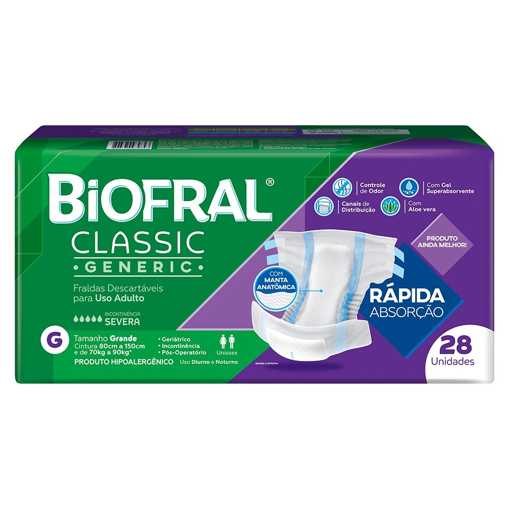 Fralda Descartável Adulto Biofral Classic Generic Tamanho G - 3 Pacotes com 28 Fraldas - Total 84 Tiras