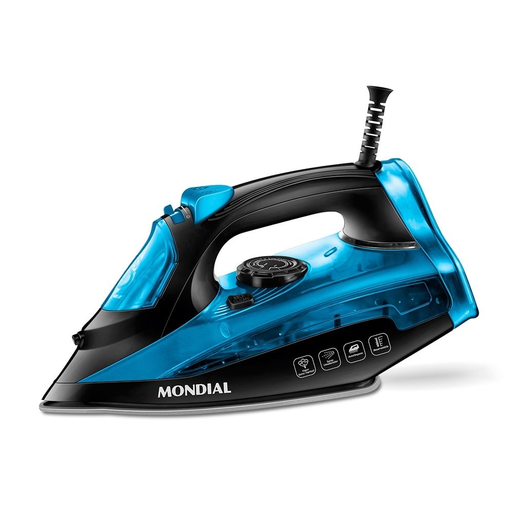 Ferro de Passar a Vapor Mondial F-53 - 1200W Base Cerâmica Preto/Azul