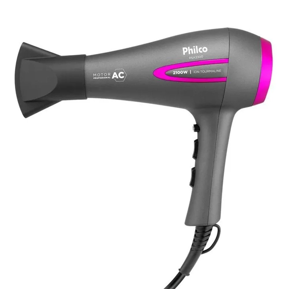 Secador de Cabelo Philco PSA3300 Ions Tourmal - 2 Velocidades 3 Temperaturas, 2100W, Cinza/Rosa