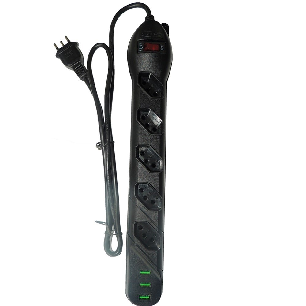Filtro de Linha Qualitronix 5 Tomadas + 3USB 3 x 0,75mm 1m 10A Preto