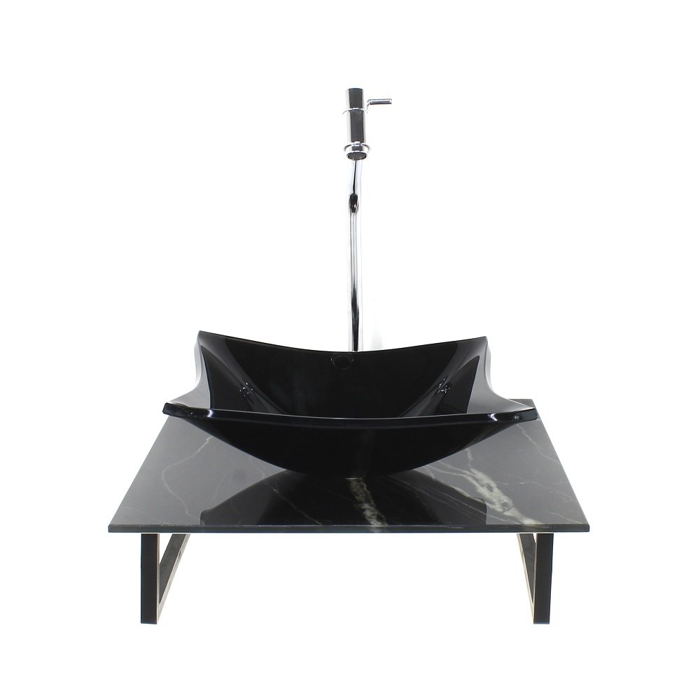Kit Cuba de Vidro Quadrada Com Tampo de Vidro 40cm Mármore Preto Mais Suporte SP