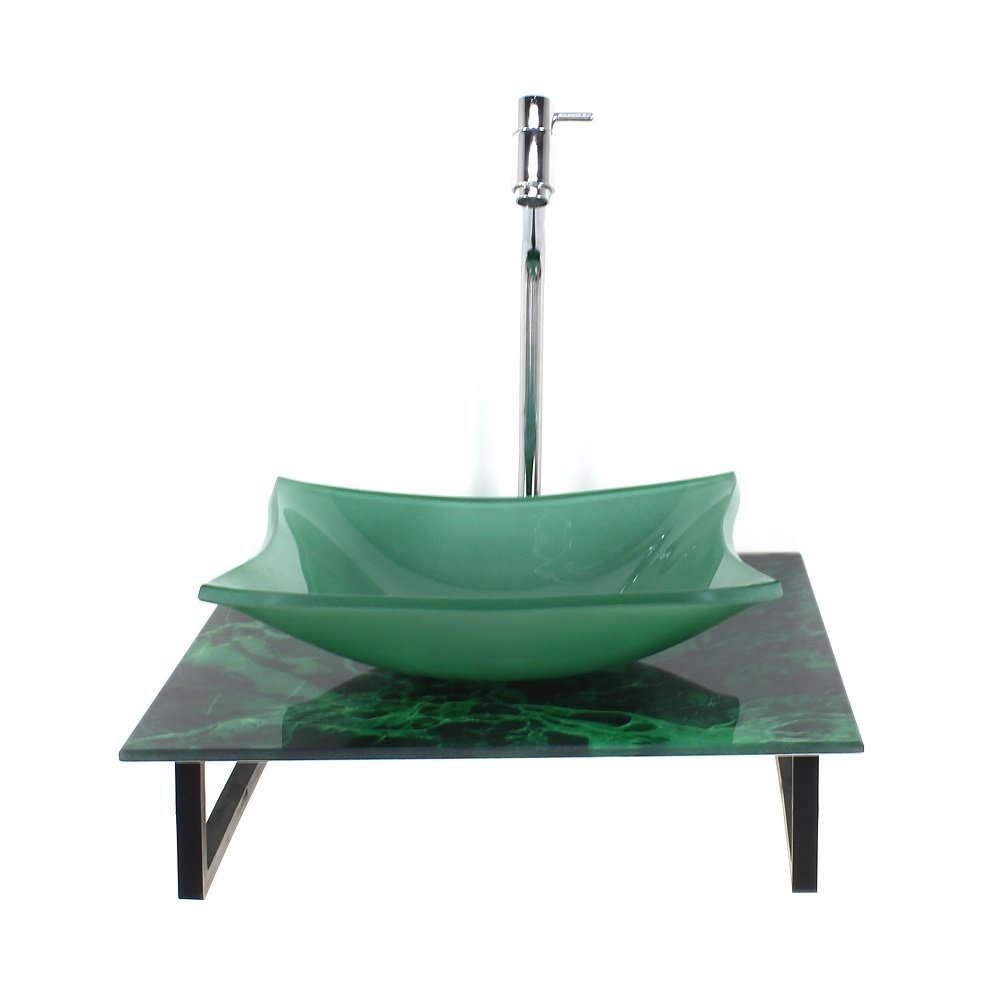 Kit Cuba de Vidro Quadrada Com Tampo de Vidro 40cm Mármore Verde Mais Suporte SP