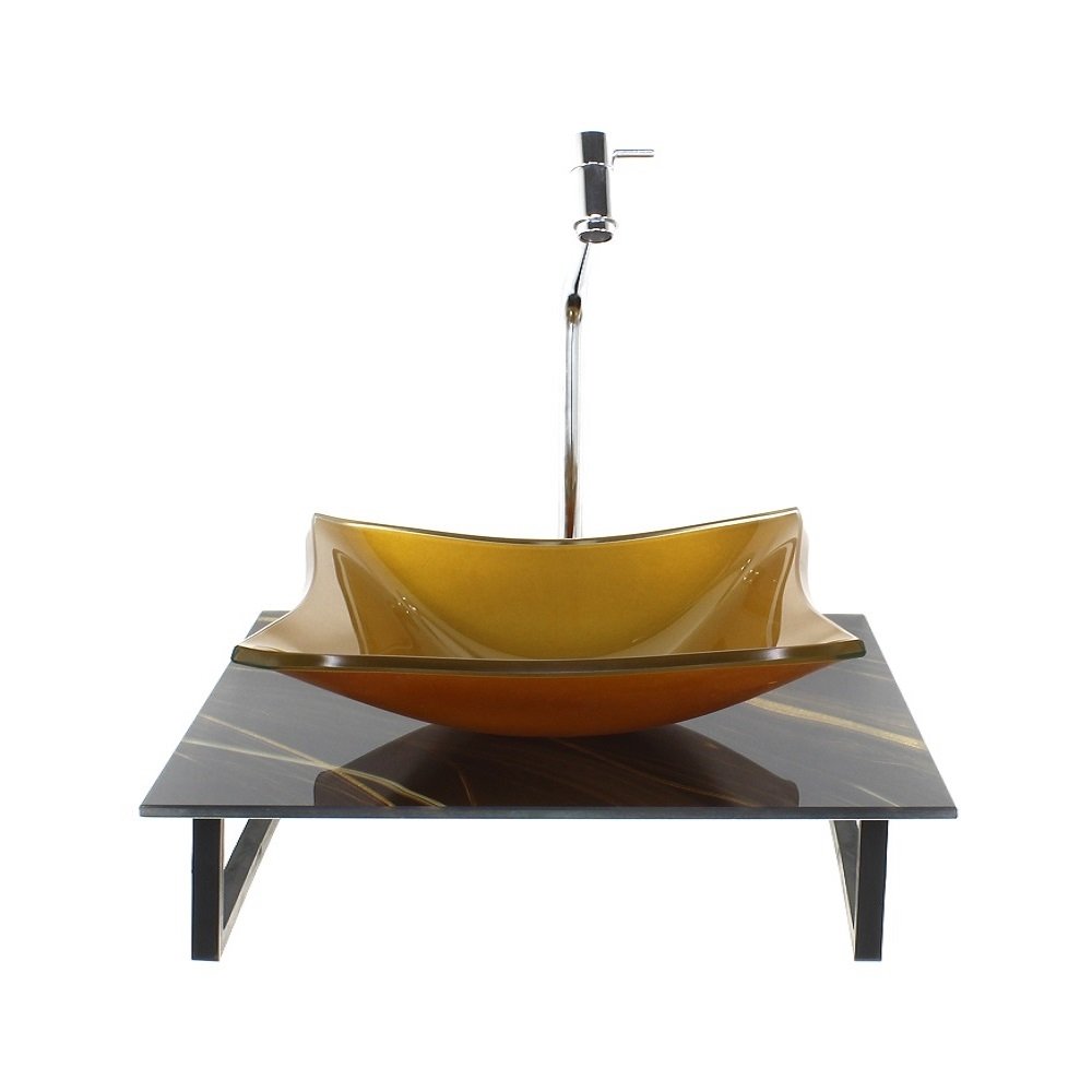 Kit Cuba de Vidro Quadrada Com Tampo de Vidro 40cm Mármore Preto Dourado Mais Suporte SP