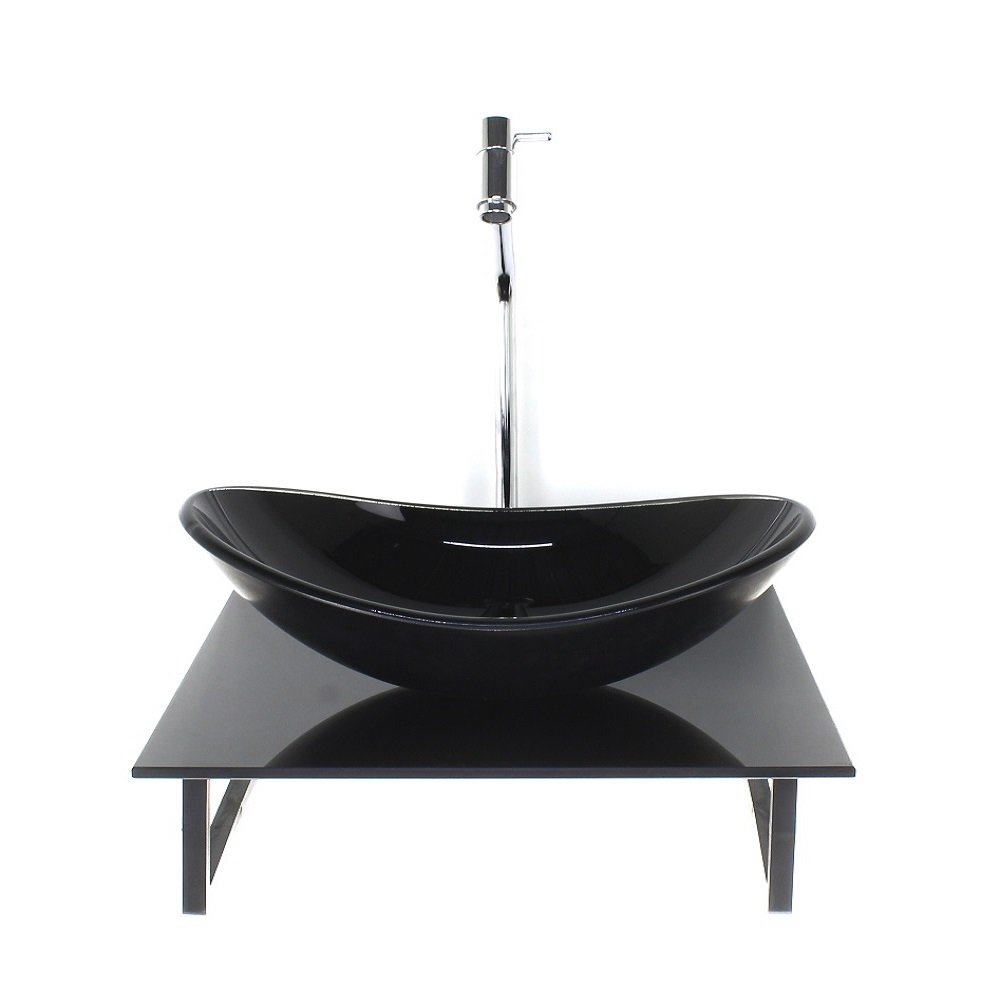 Kit Cuba de Vidro Oval Com Tampo de Vidro 40cm Preto Full Mais Suporte SP